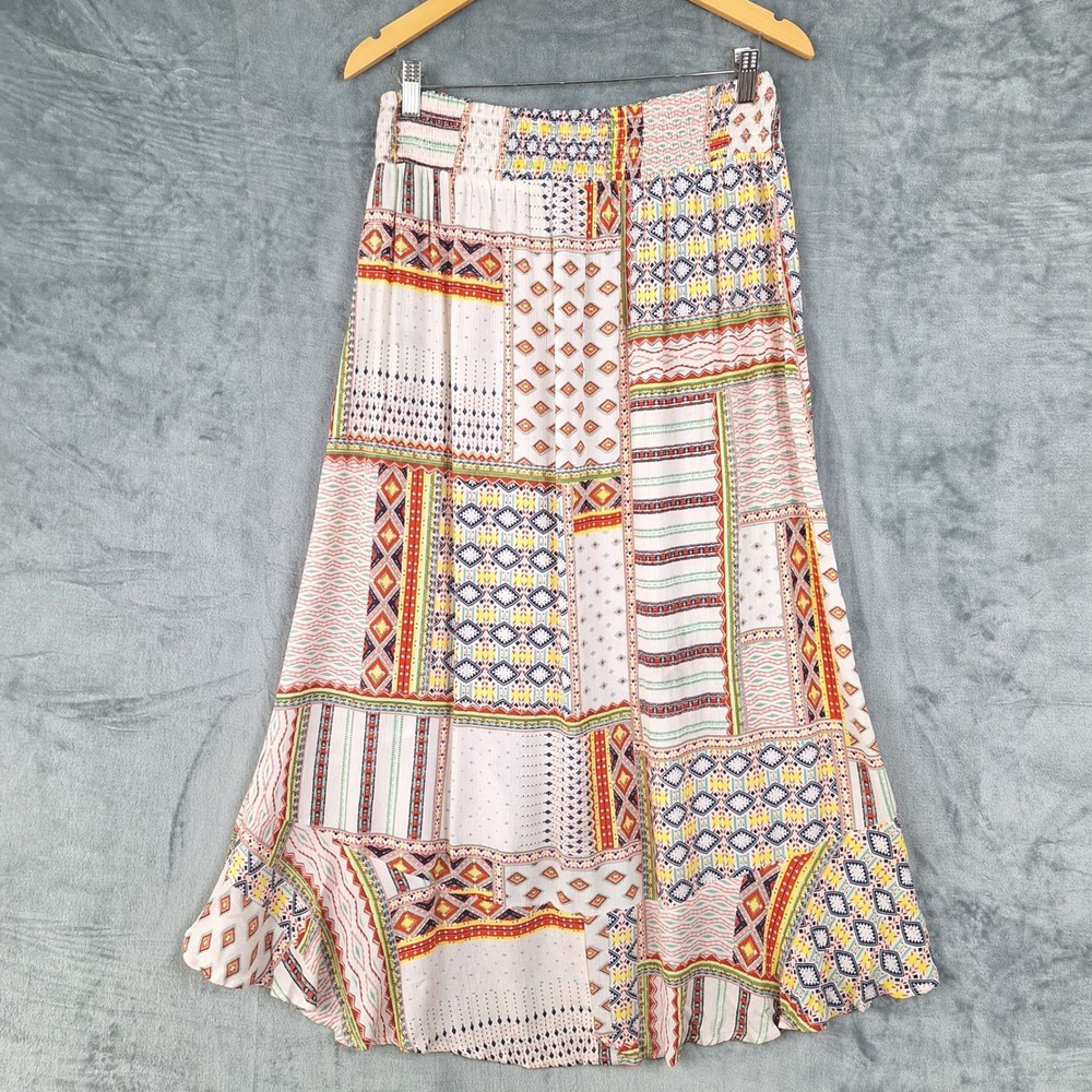 Womens Skirt Medium Patchwork Boho Peasant Indie Festival Floral Gauze High Low - Picture 7 of 8